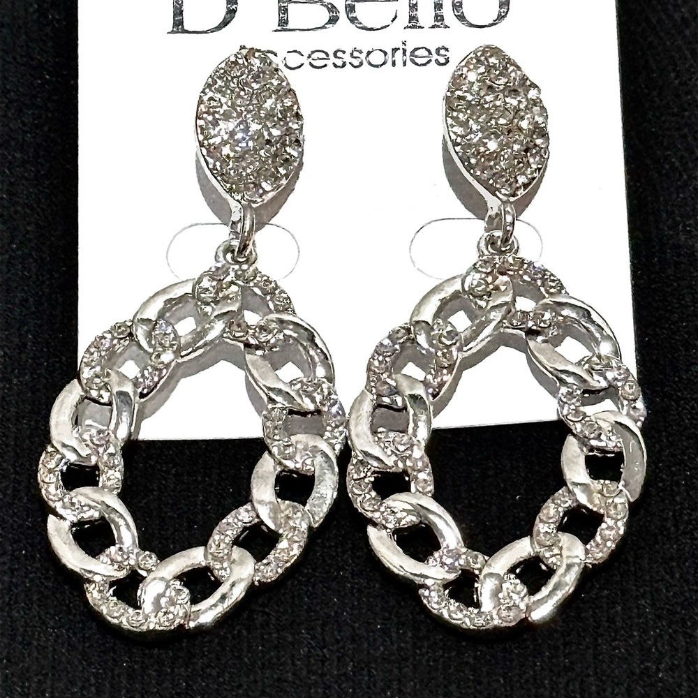 Silver and Rhinestone Chain Link Earrings - Picture 2 of 2